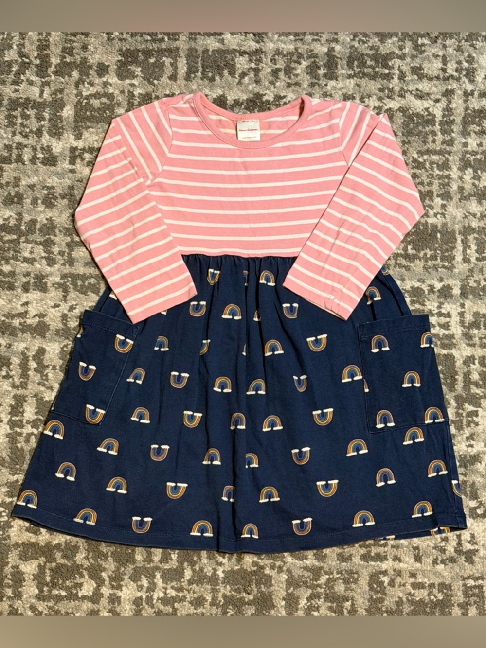 Hanna Anderson - Kid’s Long Sleeve Pink & White Stripe/Rainbow Print Dress, Sz 4